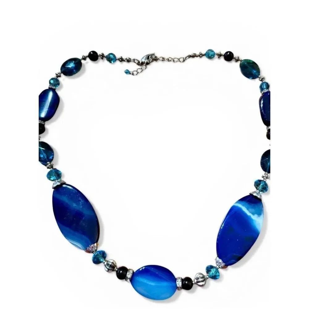 Handcrafted Sapphire Genuine Blue Agate Beaded Necklace 18” Women's Jewelry